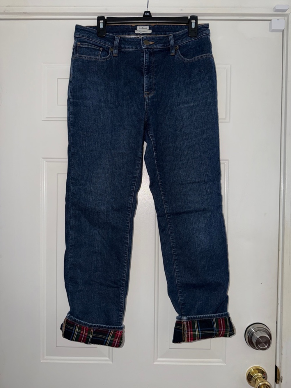 L.L. Bean Favorite Fit Dark Blue Kids Jeans with Plaid Flannel Cuffs. Boys Sz 10